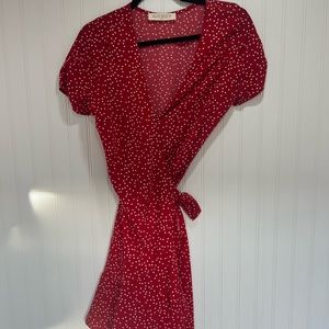 Red and white polka dot wrap dress